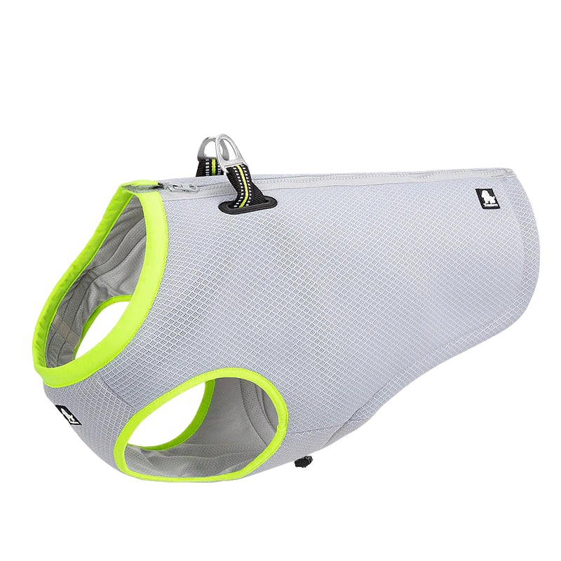 Gray dog harness with green trim on a white background, featuring the Truelove brand logo.