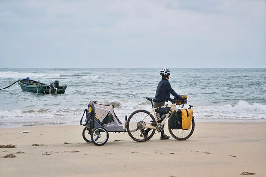 Person with a bicycle and trailer on a beach with ocean in the background