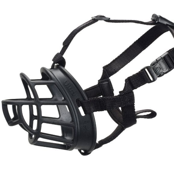 Black dog muzzle with adjustable straps on a white background