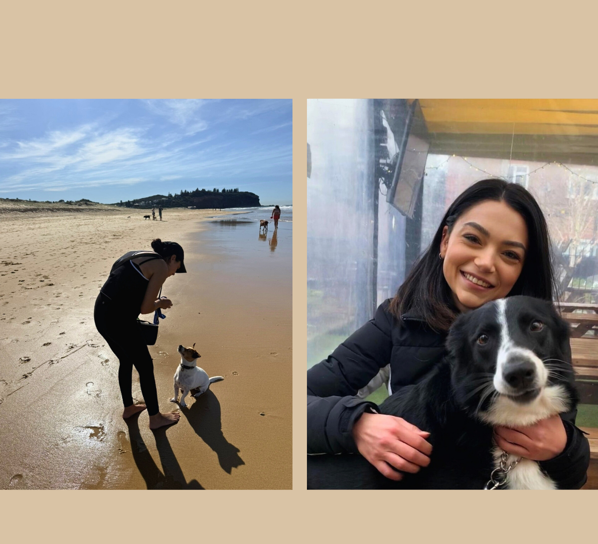 Two images: one of a person and a dog on a beach, the other of a woman with a dog indoors.