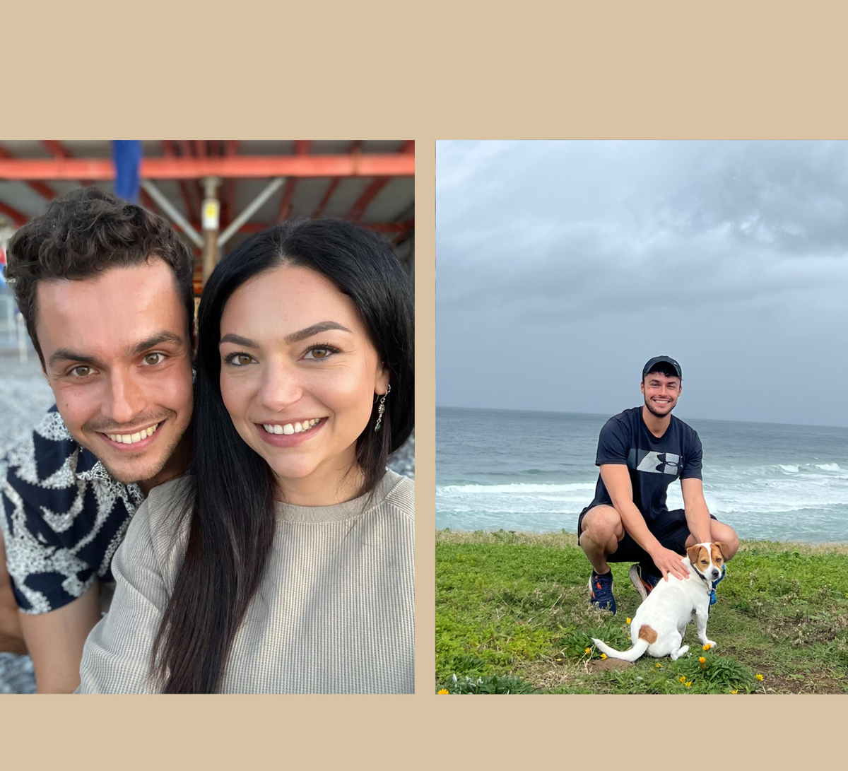 Two people, one with a dog, on a beige border