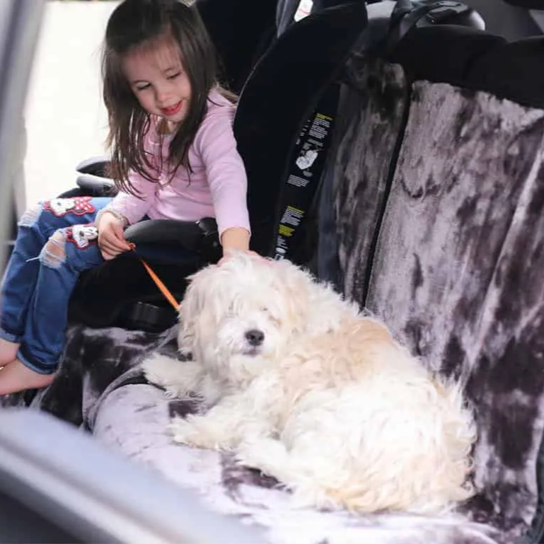 Child sitting with a dog on a car seat cover in a vehicle