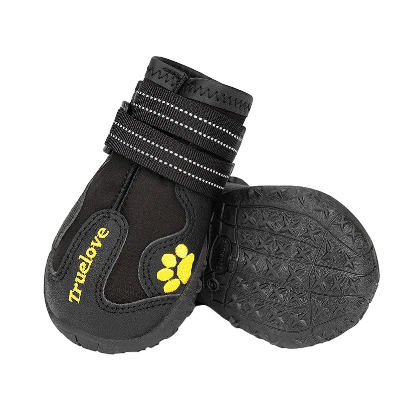 Black dog boots with 'Truelove' branding on a white background