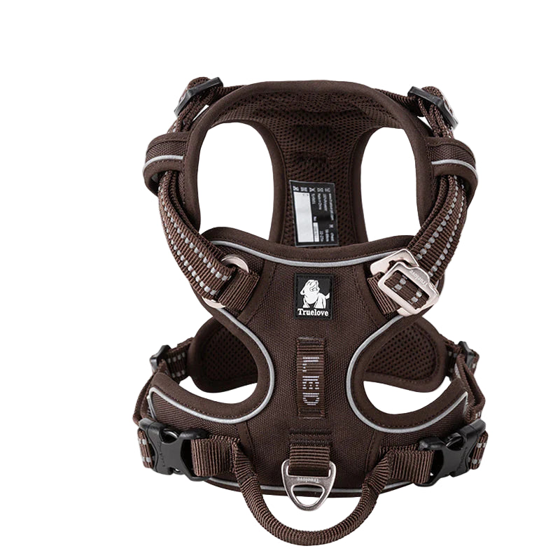 Brown dog harness with visible 'Truelove' branding on a white background