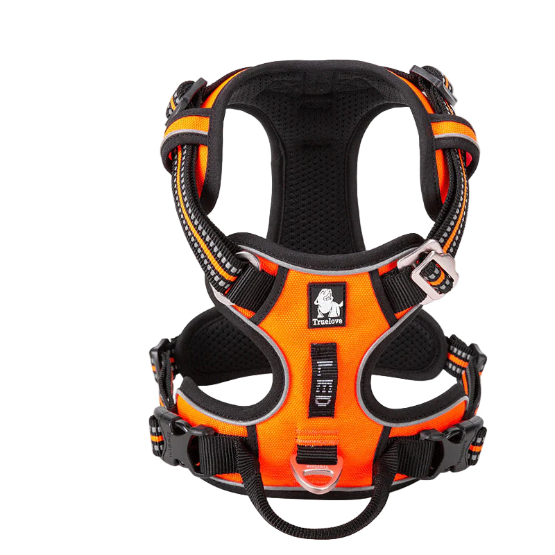 Orange and black dog harness with 'Truelove' branding on a white background