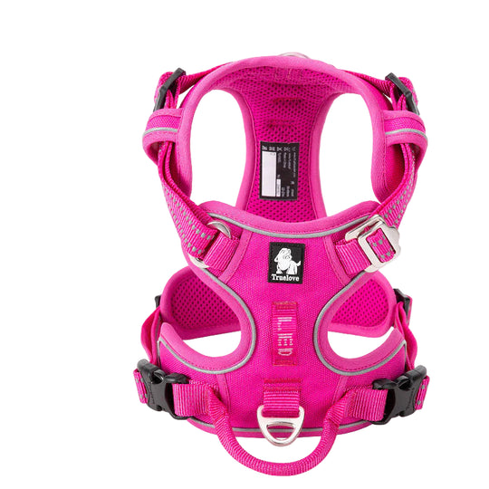 Pink dog harness with reflective stripes on a white background, featuring the Truelove brand.