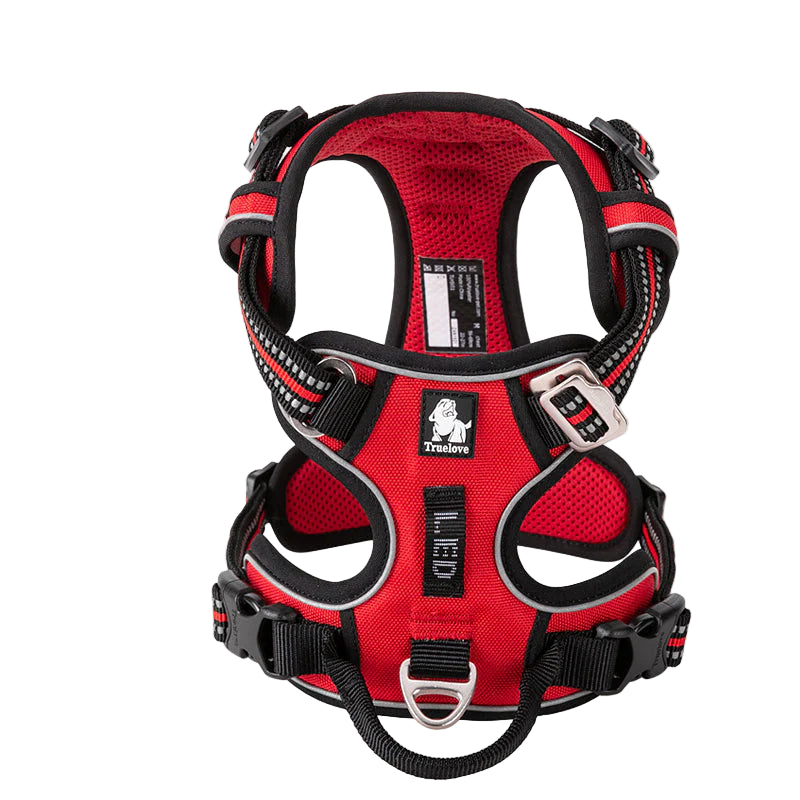 Red dog harness with black straps on a white background, featuring the Truelove brand logo.