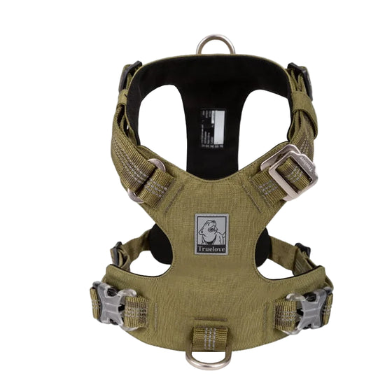 Olive green dog harness with visible 'Truelove' branding on a white background