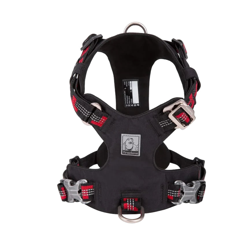 Black dog harness with red accents and 'Truelove' branding on a white background