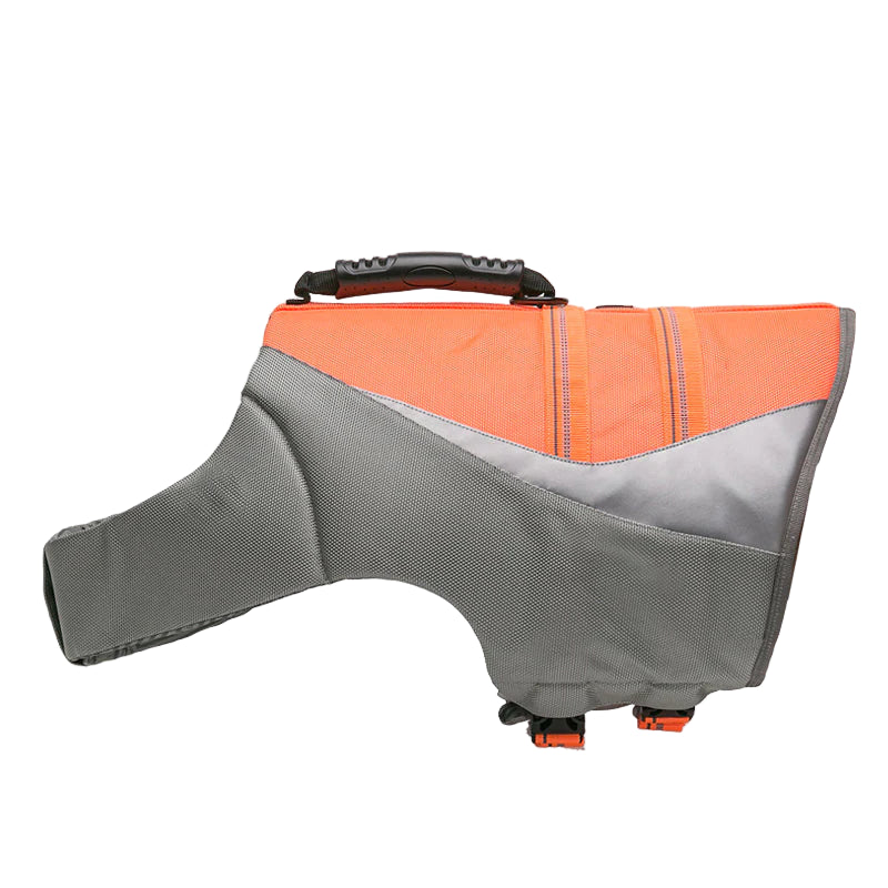 Orange and gray dog life jacket with 'Truelove' branding on a white background