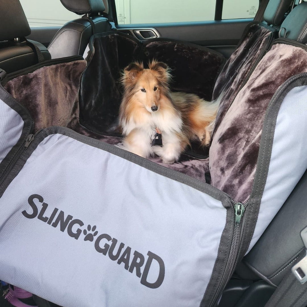 Dog sitting in a car with a Sling Guard pet seat cover.