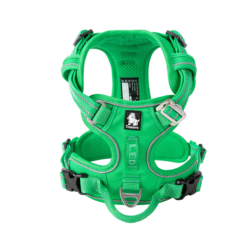 Green dog harness with reflective stripes on a white background, featuring the Truelove brand logo.