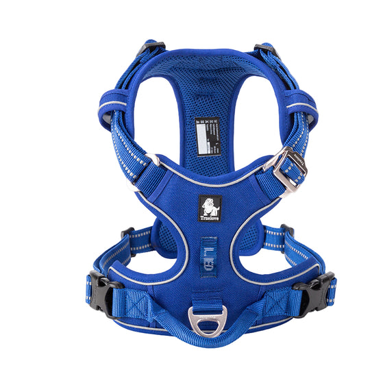 Blue dog harness with reflective stripes on a white background, featuring the Truelove brand logo.